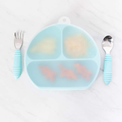 Bumkins Toddler and Baby Suction Plate, Divided Grip Dish for Babies and Kids, Baby Led Weaning, Feeding Supplies, Sticks to Tables and Highchairs, Platinum Silicone, for Chidren 6 Months, Gray