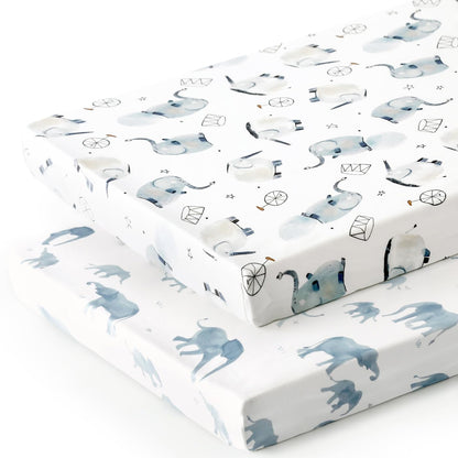 GRSSDER Stretch Ultra Soft Jersey Knit Fitted Pack n Play Playard Sheets Set 2 Pack，Fits Portable/Mini Cribs Sheets, Playards Mattress Pads, Stylish Watercolor Animals for Baby, Mint Green