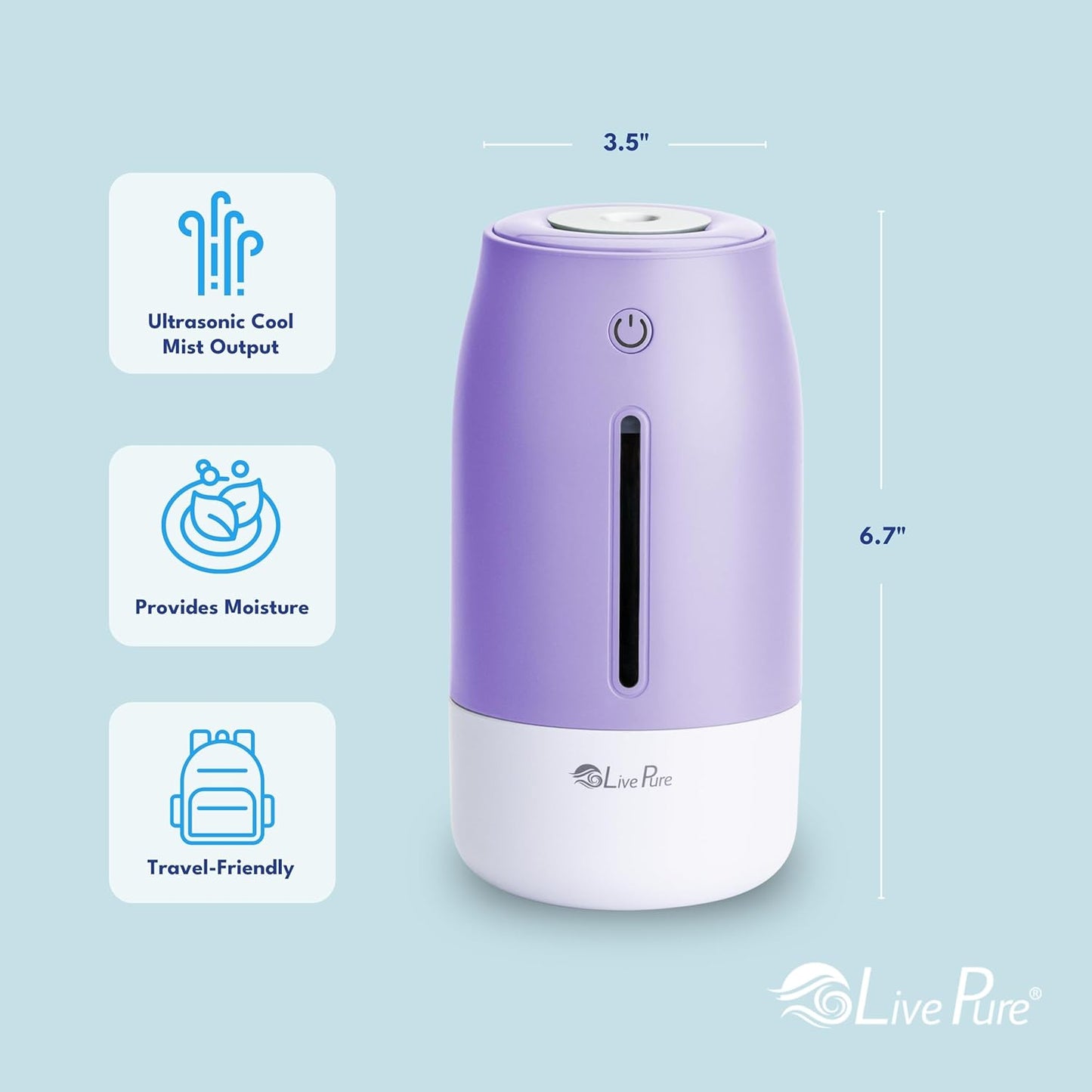 LivePure Cool Mist Humidifiers for Bedroom. Small Humidifier for Babies, Nursery, Plants, Office. Ultrasonic Cool Mist Humidifier w/Quiet Operation, USB-C Rechargeable. Rose Quartz