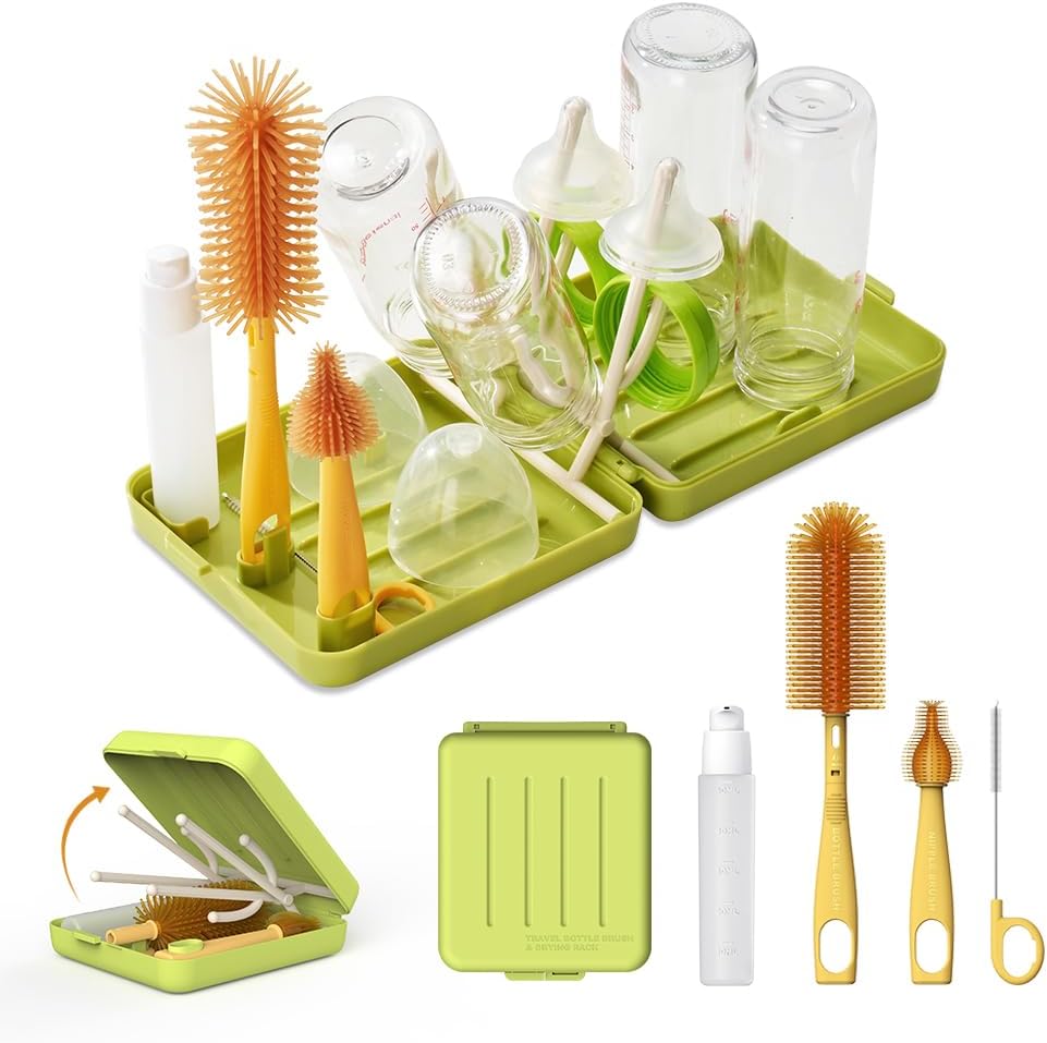 Travel Bottle Brush with Portable Bottle Drying Rack, Baby Bottle Brush for Baby Travel Essential, Blue