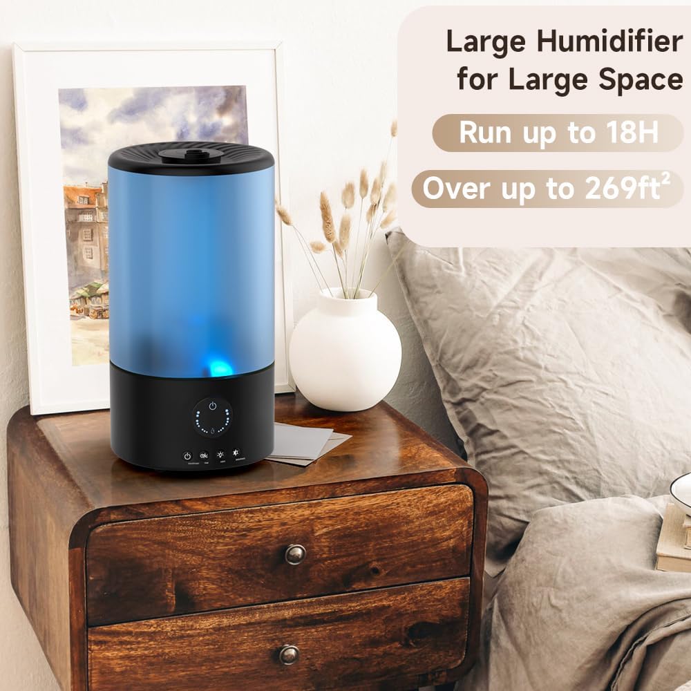Humidifiers for Bedroom, 3.2L Quiet Ultrasonic Cool Mist Humidifier with 360° Nozzle, 18H Runtime, Timer (1/2/4/8H), Auto Shut-Off, 7-Color RGB Light, Adjustable Mist, for Home, Nursery & Plants