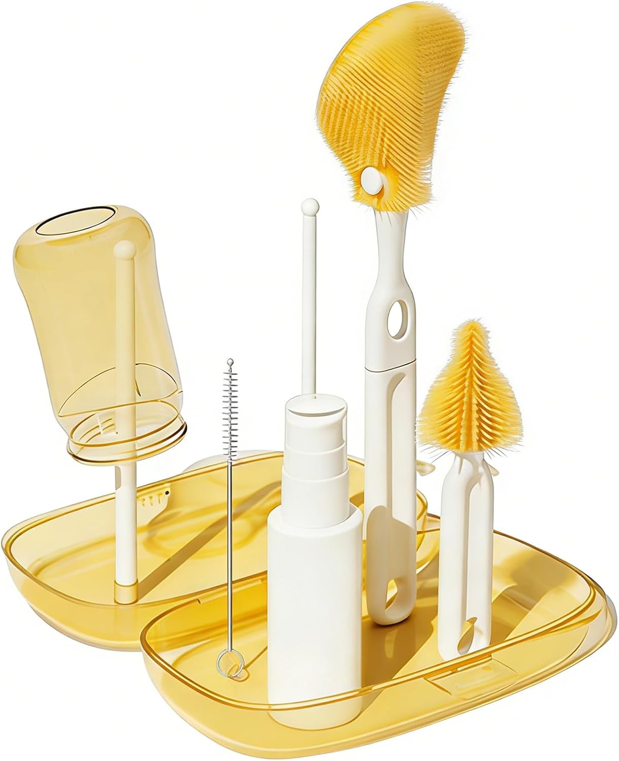 6-in-1 Baby Bottle Brush with 3 Brushes Drying Rack and Travel Bottle, Baby Bottle Brush Cleaner Set Food-Grade Silicone