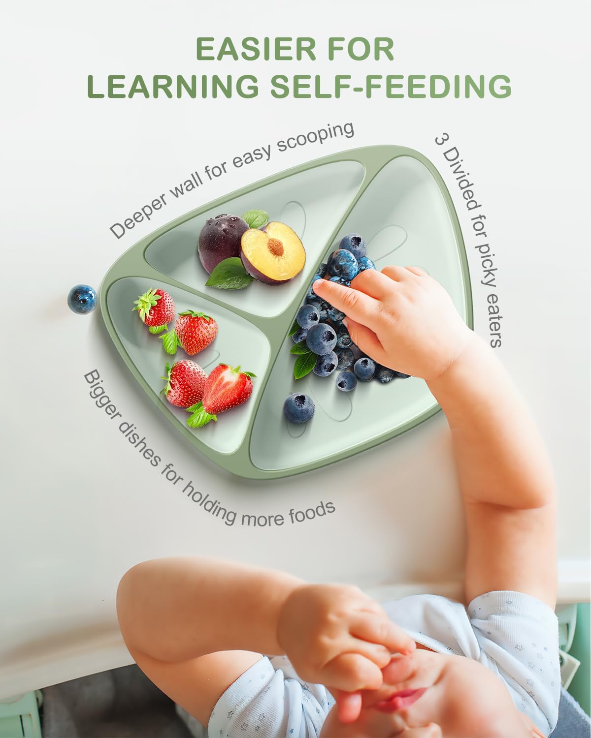 Toddler Suction Plates for Baby, Food Grade Platinum Silicone Baby Plates BPA Free, Divided Suction Toddler Plate Dishes and Spoon Set for Self Feeding, Deeper Design, Dishwasher Safe