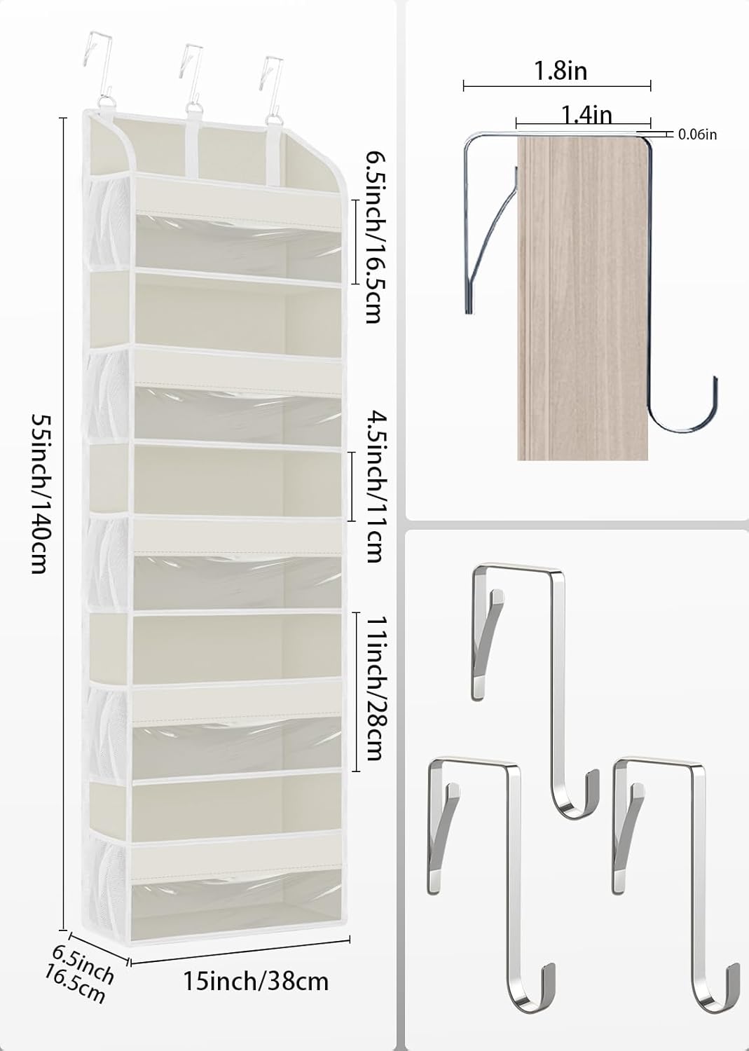 TAHAVICE 1 Pack Over The Door Organizer Storage, Hanging Organizer Closet with 5 Large Pockets 10 Mesh Pockets, 44 lbs Weight Capacity, Behind Door Storage for Nursery Bedroom Bathroom (Dark Grey)