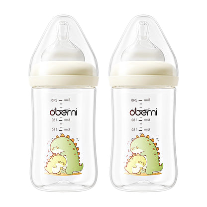 Oberni 240ml Baby Bottles, 8 Oz Wide-Neck Milk Feeding Bottle with Size M Teat for 3-6 Months Newborn Babies Blue/2 Pack