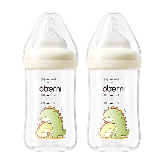 Oberni 240ml Baby Bottles, 8 Oz Wide-Neck Milk Feeding Bottle with Size M Teat for 3-6 Months Newborn Babies Blue/2 Pack