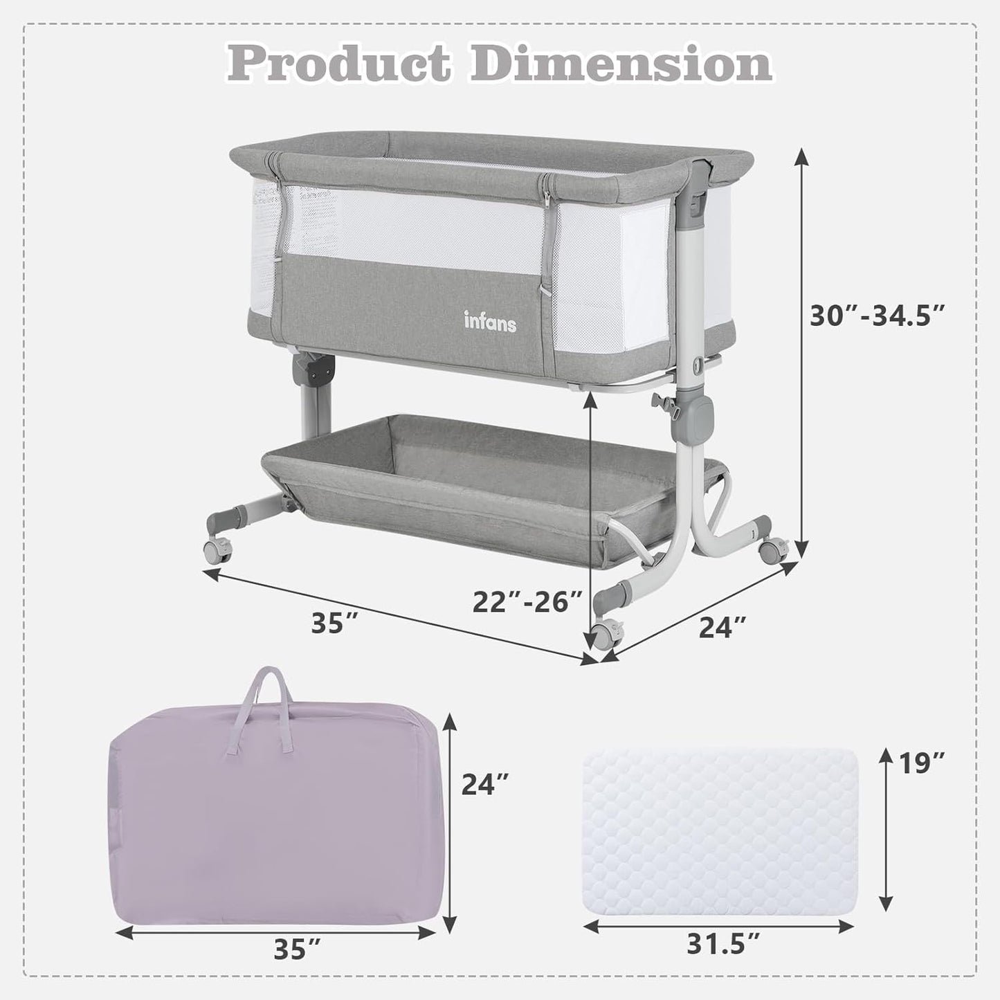 INFANS 3 in 1 Baby Bassinet, Bedside Sleeper with Comfy Mattress, Wheels, 6 Height Adjustable, Storage Basket, Travel Bag, Portable All Mesh Crib for Newborn Infant (Dark Grey)