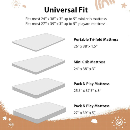 Baby Mini Crib Sheets Girl, Portable 38”x26” Pack and Play Sheets Fitted for Playard and Pack N Play Mattress, 3-Pack Soft Microfiber Pink Rainbow