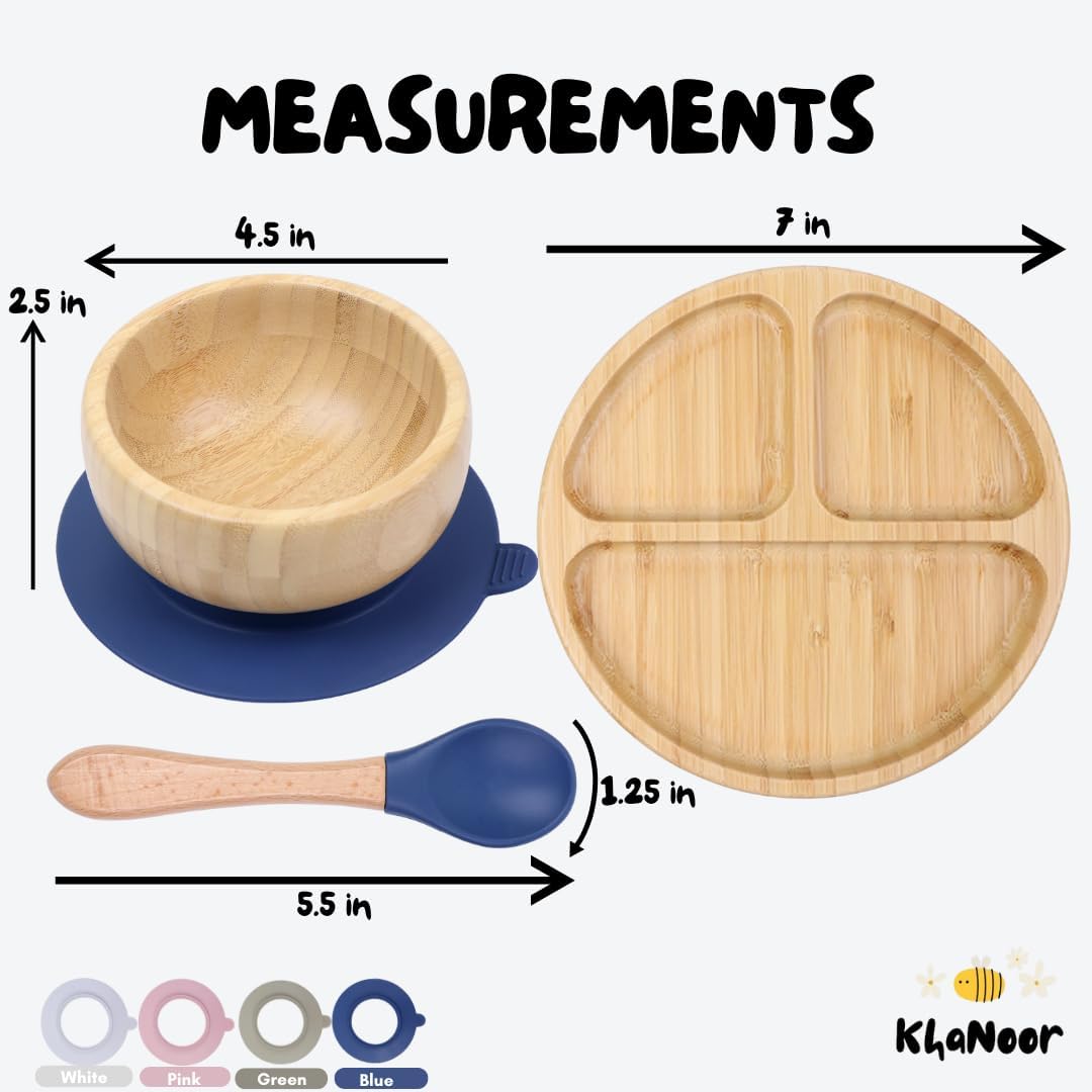 Bamboo Toddler Plate & Bowl Set with Strong Suction – Includes Plate, Bowl, Spoon & Fork – Baby Plates with Suction for Baby Led Weaning, Kids Feeding Essentials, Non-Toxic & BPA Free