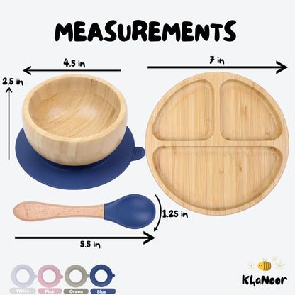 Bamboo Toddler Plate & Bowl Set with Strong Suction – Includes Plate, Bowl, Spoon & Fork – Baby Plates with Suction for Baby Led Weaning, Kids Feeding Essentials, Non-Toxic & BPA Free