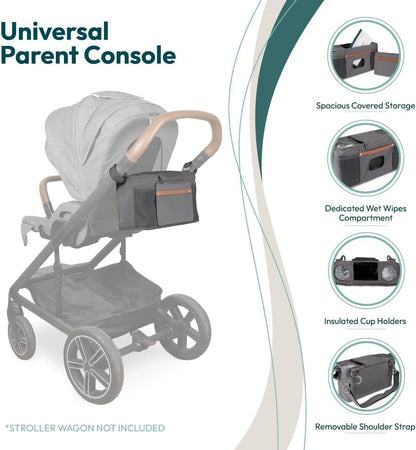 WONDERFOLD Universal Parent Console Stroller Organizer with Insulated Cup Holders, Hook & Loop Closure Handle Attachment, 2 Storage Pockets, Removable Shoulder Strap for Easy Transport