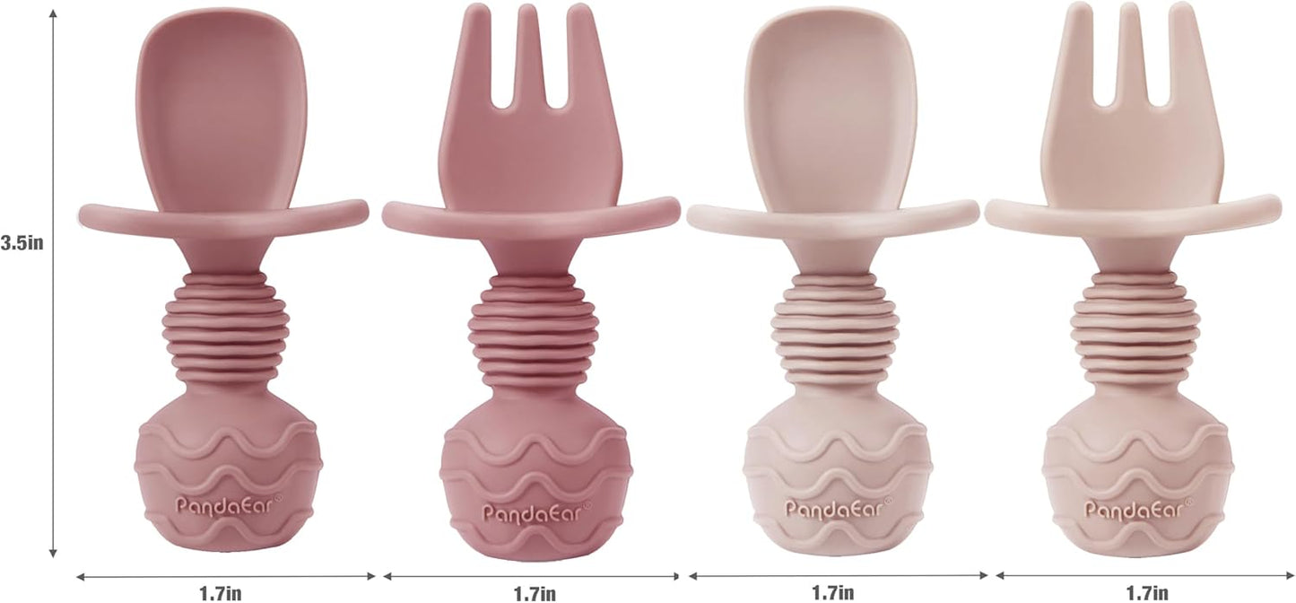 PandaEar 2 Pack Toddler Divided Suction Plates with 2 Spoons 2 Forks for Babies | Silicone Baby Led Weaning Supplies Self Feeding Eating Utensils | BPA-Free Baby Feeding Set - Pink