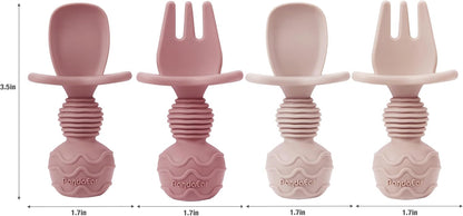 PandaEar 2 Pack Toddler Divided Suction Plates with 2 Spoons 2 Forks for Babies | Silicone Baby Led Weaning Supplies Self Feeding Eating Utensils | BPA-Free Baby Feeding Set - Pink