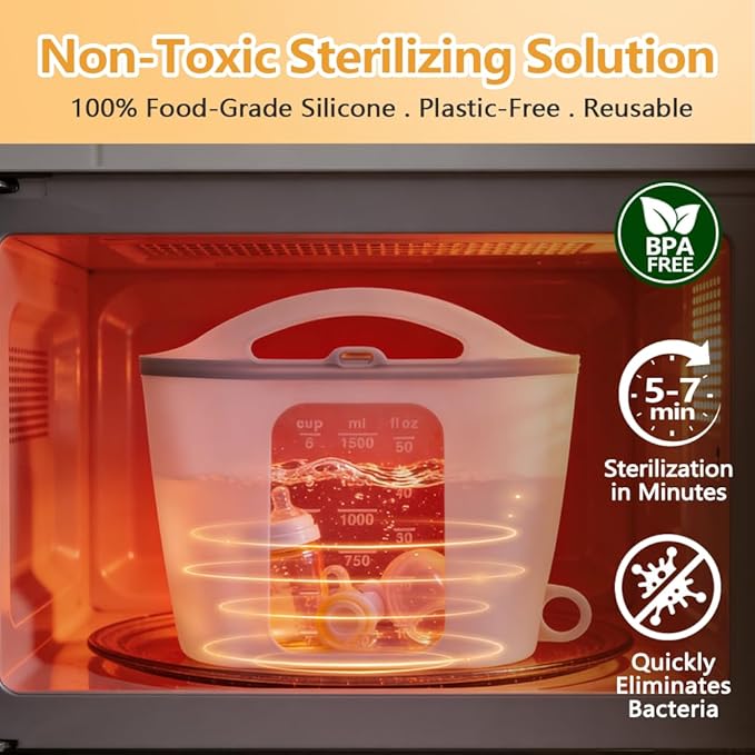 Silicone Microwave Steam Sterilizer Bag 1500ML Reusable Steaming Bags for Baby Bottles, Breast Pump,Pacifiers and Teethers，Breast Feeding Baby Travel Accessories
