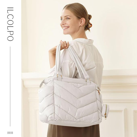 Diaper Bag Tote, Diaper Bag Backpack,Puffer Tote Bag with Pacifier Case, Lightweight Mommy for Hospital, Puffy with 10 Pockets, Convertible Baby for Travel,Beige