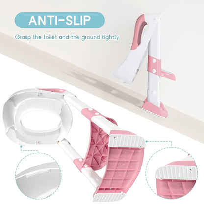COOSEYA Potty Training Toilet with Step Stool Ladder, Toddler Kids Potty Training Seat for Boys Girls, Foldable Anti-Slip Toilet Toddler Seat Splash Guard Soft Cushion Safety Handles (Grey)