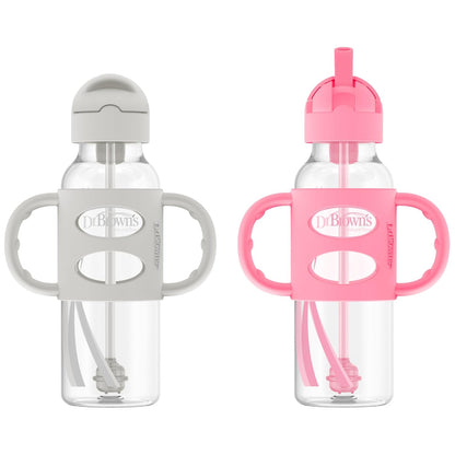 Dr. Brown's Milestones Narrow Sippy Straw Bottle, Spill-Proof with 100% Silicone Handles and Weighted Straw, 8 oz/250 mL, Gray/Pink, 6m+