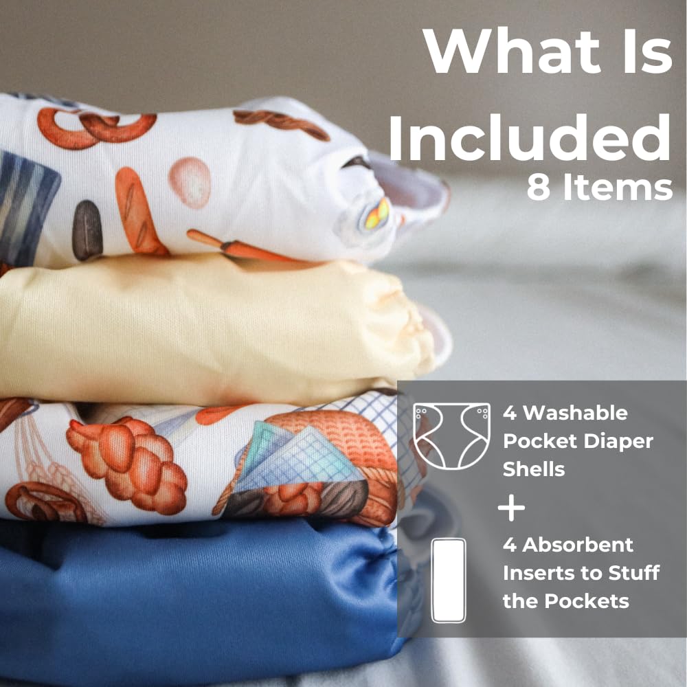 Nora's Nursery Cloth Pocket Diapers 4 Pack with 4 Inserts - Waterproof Cover, Washable, Reusable & One Size Adjustable Pocket Diapers for Newborns and Toddlers - Mama Bear