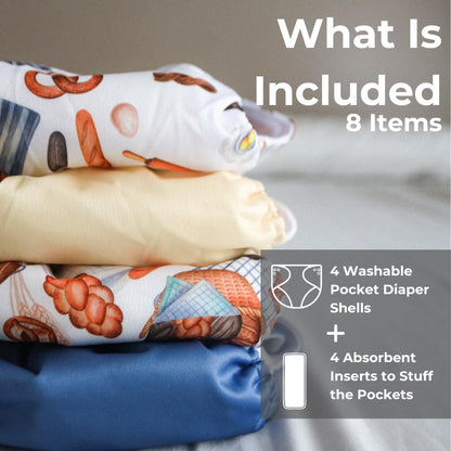 Nora's Nursery Cloth Pocket Diapers 4 Pack with 4 Inserts - Waterproof Cover, Washable, Reusable & One Size Adjustable Pocket Diapers for Newborns and Toddlers - Mama Bear
