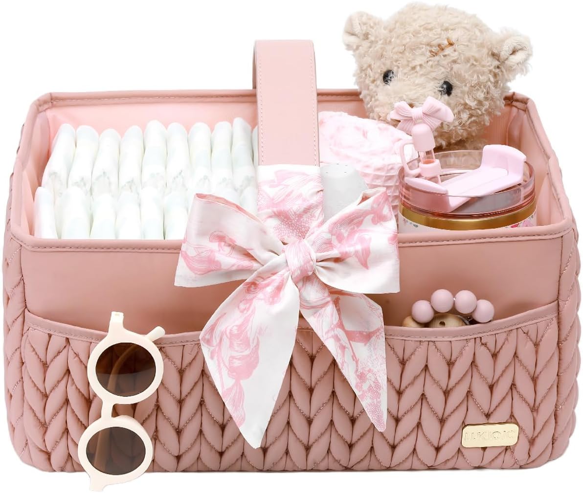 Luxurious Baby Diaper Caddy, Nursery Storage Basket for Newborn Essentials, Travel Baby Basket for Diapers Baby Wipes, Organizer Tote Bag Storage Bin, Baby Shower Gifts(Beige)