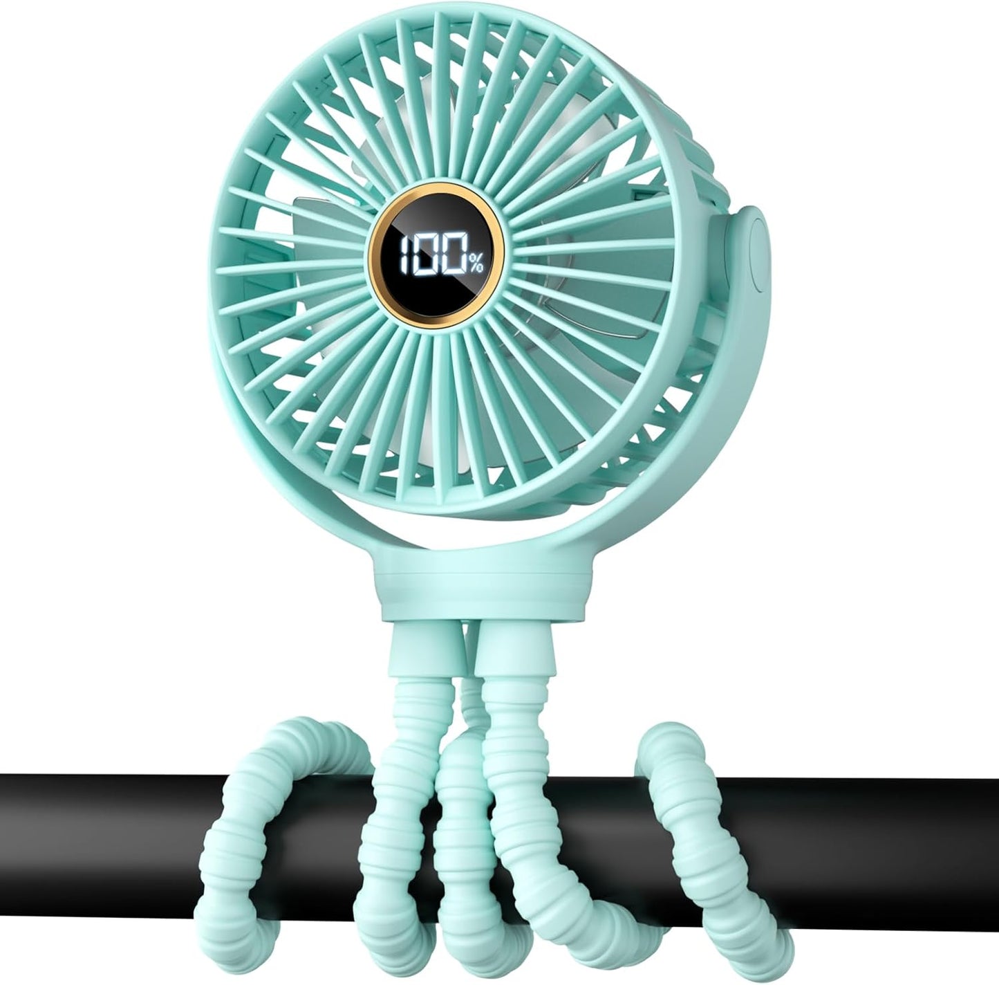 Portable Stroller Mini Fan, Small Rechargeable Personal Fan, Baby Travel Essentials for Wagon, Car Seat, Treadmill, Battery Powered Biking Gear Accessories, 360° Rotation, 3-Speed, Display, Black