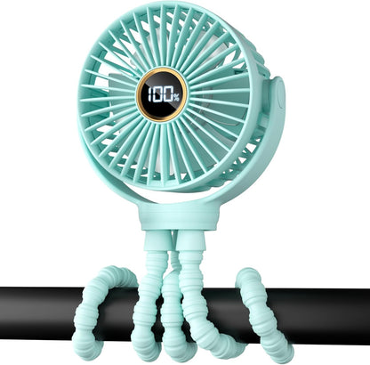 Portable Stroller Mini Fan, Small Rechargeable Personal Fan, Baby Travel Essentials for Wagon, Car Seat, Treadmill, Battery Powered Biking Gear Accessories, 360° Rotation, 3-Speed, Display, Black