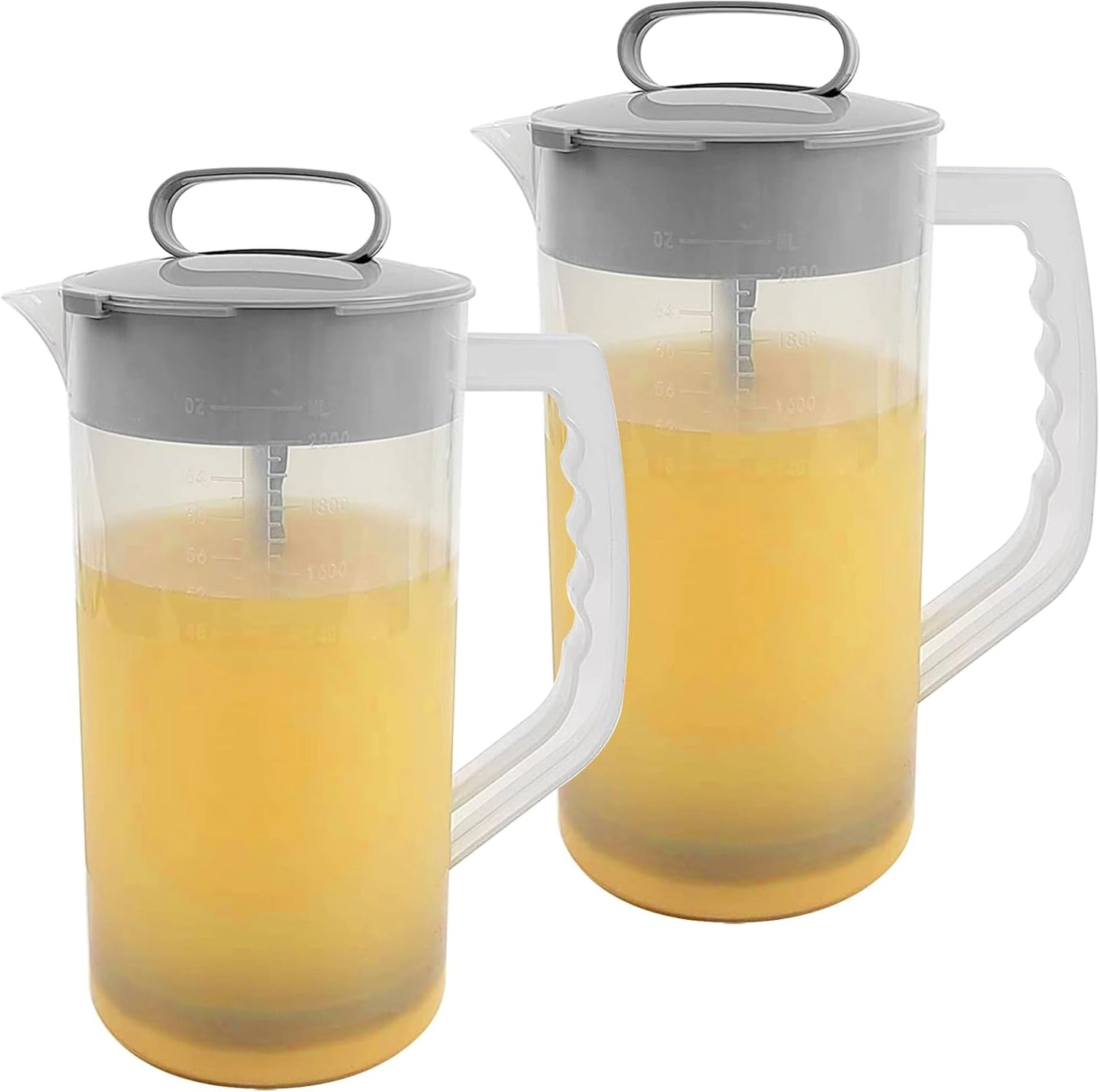1 Pack Mixing Pitcher for Drinks 2 Quart/ 64oz Plastic Water Pitcher with Lid，Easy-Mix Juice Container，Angled Plastic Blades and Adjustable Mixer Plunger for Juice, Tea, Beverage Container