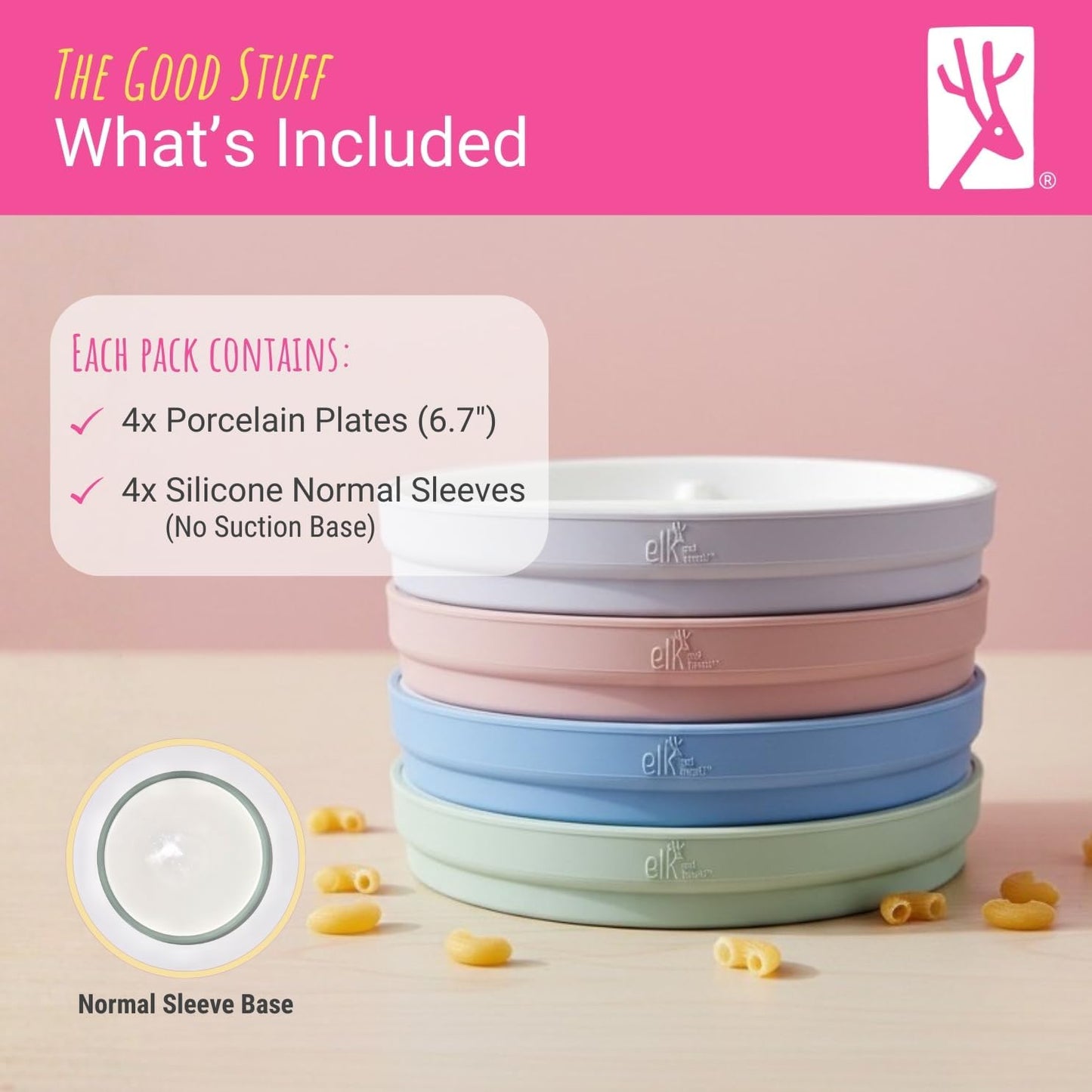 Elk and Friends Kids 7.8” Porcelain Divided Plates with Silicone Sleeves | Suitable for Babies/Kids/Toddlers | Microwave & Dishwasher Safe | Non Slip | Snack Dishes