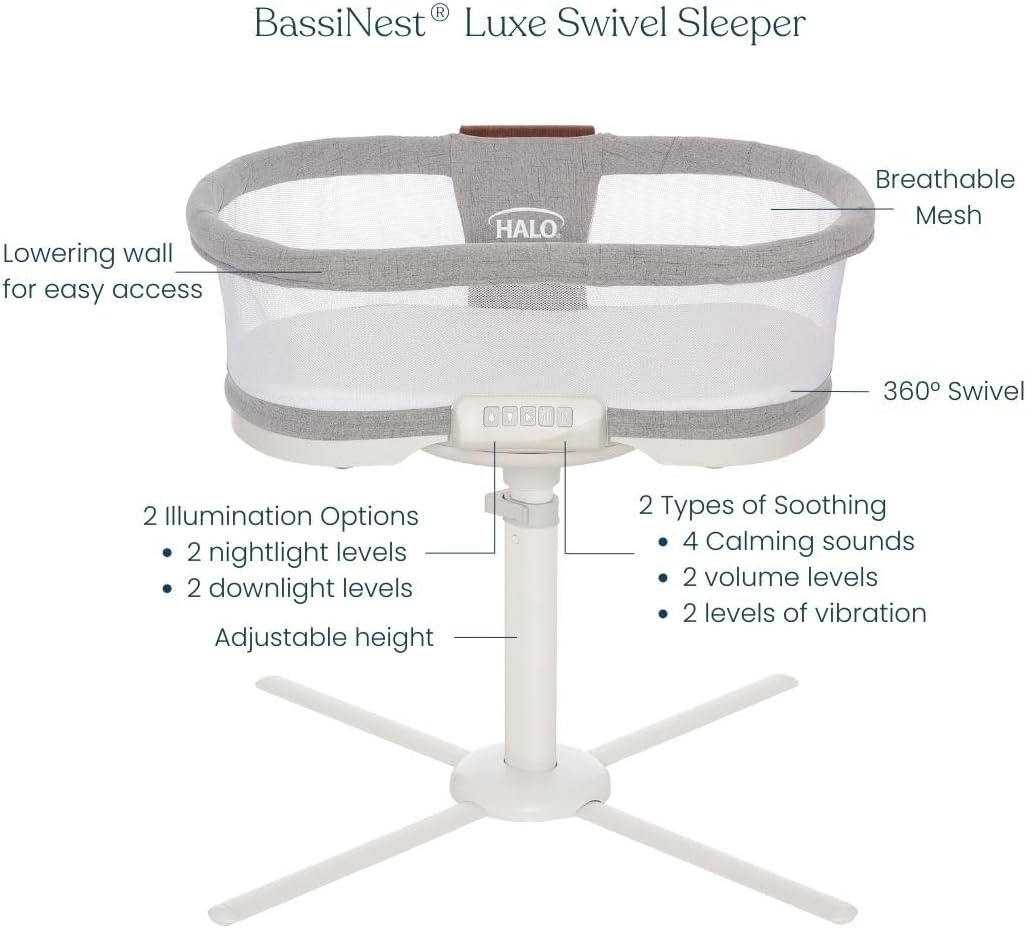 HALO BassiNest Connected Swivel Sleeper 3.0 – Smart Bassinet with AutoSoothe™, 360° Swivel, Cry Detection, Rocking, Vibration & Soothing Sounds, Easy Lowering Wall for Postpartum Recovery
