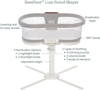 HALO BassiNest Connected Swivel Sleeper 3.0 – Smart Bassinet with AutoSoothe™, 360° Swivel, Cry Detection, Rocking, Vibration & Soothing Sounds, Easy Lowering Wall for Postpartum Recovery