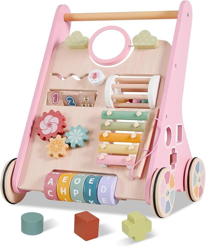 Wooden Baby Walker Wheels,Baby Push Walker for Babies 10 Months+ Montessori,Toddler Walker Push Toy Wooden Activity Walker for Boy,Walking Toys 12 Months+ Learning to Walk