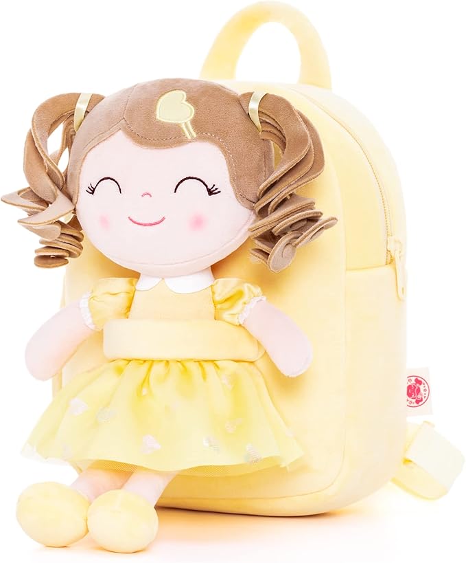 Gloveleya Back to School Gifts for Girls Toddler Backpack Baby Girls Gift Plush Bag Diaper Bag with Spring Girl Doll Curly Hair Girl Toys with Love Yellow 9 Inches