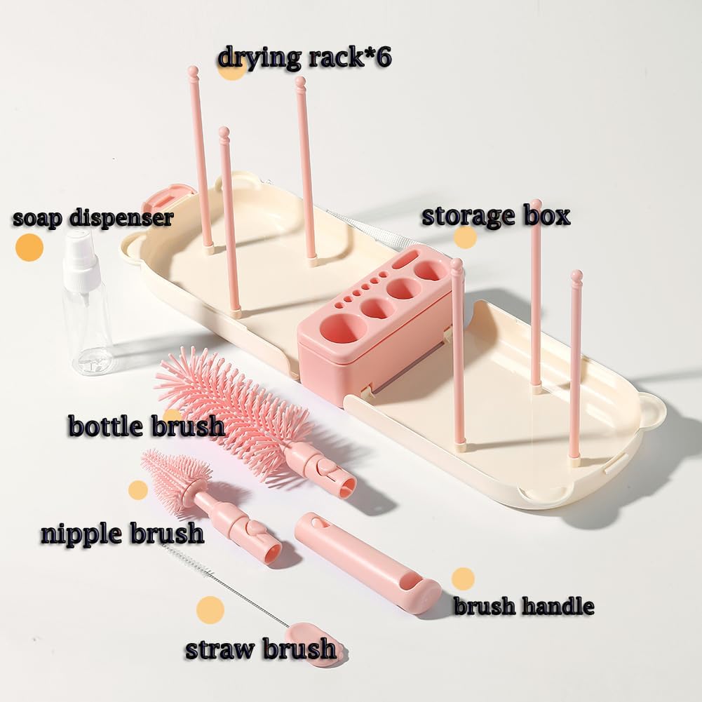 6 In1 Baby Bottle Brush Kit,Portable Silicone Bottle Brush Cleaner Set with Straw Brush,Nipple Brush,Drying Rack,Soap Dispenser,Storage Bag for Travel or Home,Compact&Space-Saving(Pink)