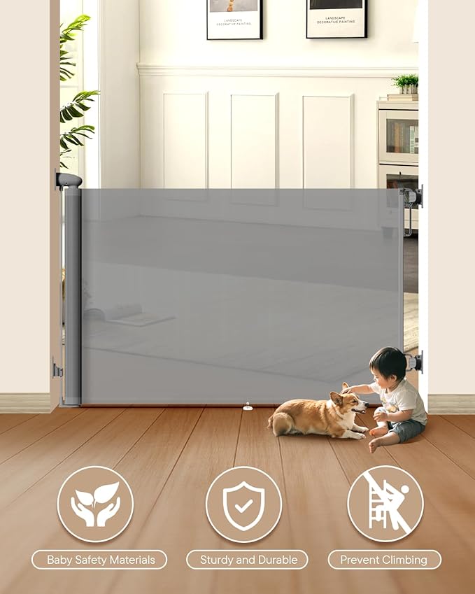 Retractable Baby Gates | 55" Wide x 34" Tall Dog Gates | One-Hand Operation | Baby Gates for Stairs, Doorways, Deck, Porch, Hallways, Patio - Gray