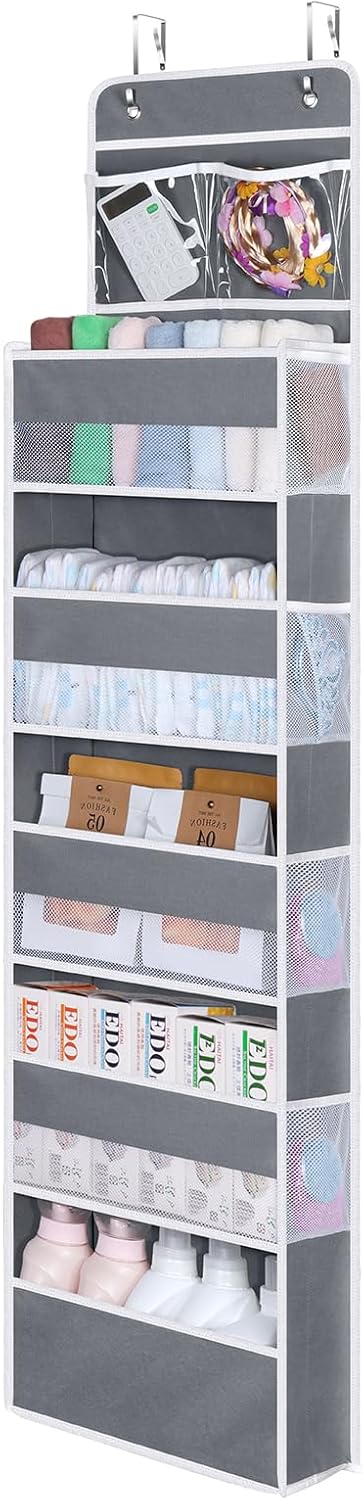 Univivi Over The Door Organizer, 5 Shelf Door Hanging Organizer Nursery Door Storage with 4 Large Compartments and 2 Small PVC Pockets 6 Side Pockets for Bathroom,Cosmetics and Nursery Baby Essential