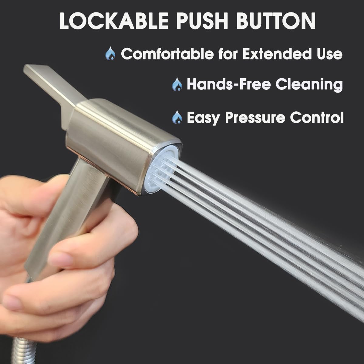 Handheld Bidet Sprayer for Toilet, Lockable Push Button, High Pressure Bathroom Sprayer, Cloth Diaper & Personal Hygiene Sprayer, Tank Mount No-Drill Install, Stainless Hose Set, Black Color