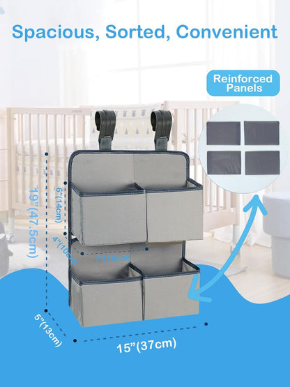 Hanging Diaper Organizer for Crib/Playpen/Bassinet – Hold 80+ Diapers - 4 Deep Pockets-H19in x L15 in Changing Table Diaper Holder - Hanging Diaper Storage Stacker Nursery Caddy - Gray