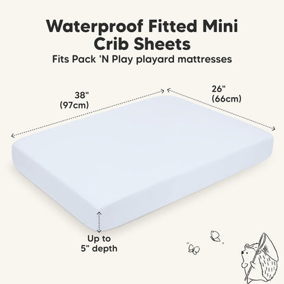 2-Pack Waterproof Pack and Play Sheets, Mini Crib Sheets Fitted for Boy, Girl - 38 x 26 Viscose from Bamboo Pack N Play Mattress Sheets for Graco, Toddler Playard Baby Crib Sheets Neutral (Blue Flax) - Colors B