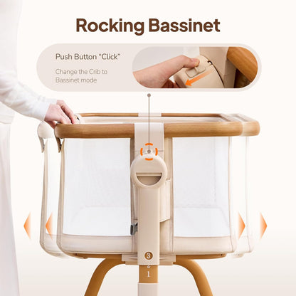 Tinyiota 3 in 1 Baby Bassinet,Rocking Bedside Crib Sleeper for Newborns,Adjustable Height Bassinet with Mattress and Soft,Breathable Sheet,Full-Mesh Sides,Stable&Cozy Crib for Babies
