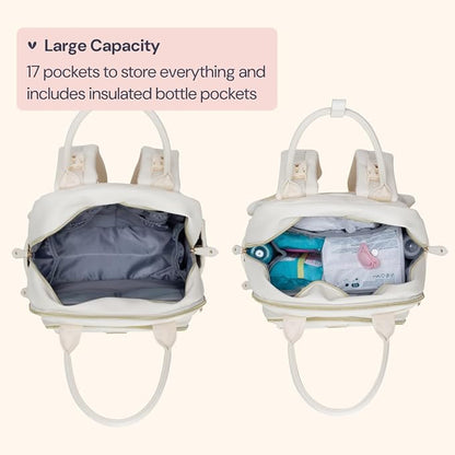 BabbleRoo Leather Diaper Bag Backpack - Baby Essentials Travel Baby Bag, Multi function, Water Resistant, with Changing Pad, Stroller Straps & Pacifier Case – Unisex, Eggshell White