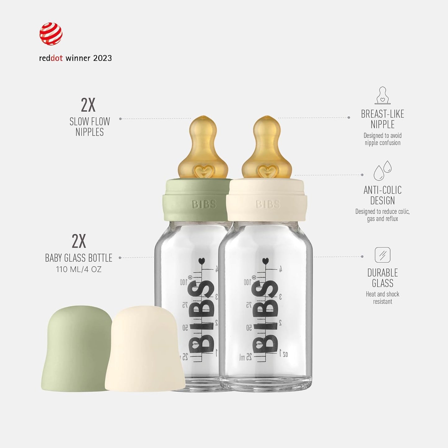 BIBS Baby Glass Bottle. Anti-Colic. Round Natural Rubber Latex Nipple. Supports Natural Breastfeeding, Complete Set - 110 ml, Cloud