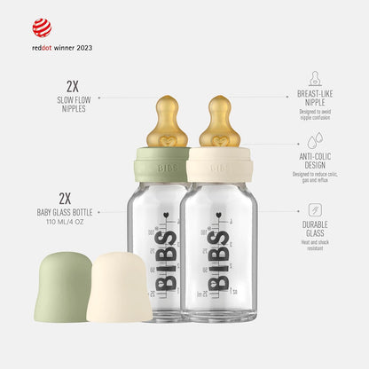 BIBS Baby Glass Bottle. Anti-Colic. Round Natural Rubber Latex Nipple. Supports Natural Breastfeeding, Complete Set - 110 ml, Cloud
