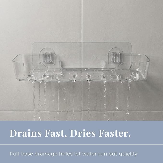 Acrylic Shower Shelf – Adhesive, No-Drill Bathroom Wall Shelf, Clear 12.2" x 3.54" x 1.77" Slim Organizer with Fast Drainage for Shower & Sink Toiletries