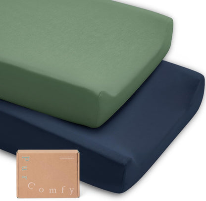 Supersoft Pack and Play Sheets Fitted, Premium Bamboo Viscose Mini Crib Sheets, Pack N Play Mattress Sheets, Graco Playard Baby Sheets Neutral for Boys Girls, 5'' Deep Pocket 2-Pack