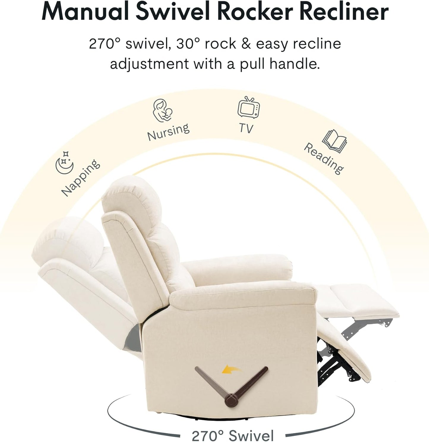 FLEXISPOT Souffle Swivel Rocker Recliner Chair for Adults, Nursery Rocking Glider Chair with Massage & Heat, FSC Wood Frame, Manual Recliner for Living Room, Nursery & Relaxation, Light Grey