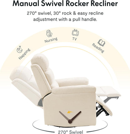 FLEXISPOT Souffle Swivel Rocker Recliner Chair for Adults, Nursery Rocking Glider Chair with Massage & Heat, FSC Wood Frame, Manual Recliner for Living Room, Nursery & Relaxation, Light Grey