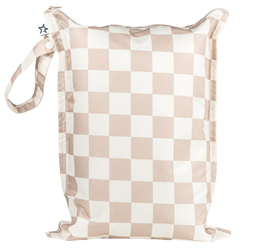 Tiny Twinkle Mess Proof Wet Bags | 2-Pack Reusable Waterproof Wet Bags for Swimsuits | Baby Clothes | Travel & Diaper Bag (Pink, Brown Checkers) - Colors A