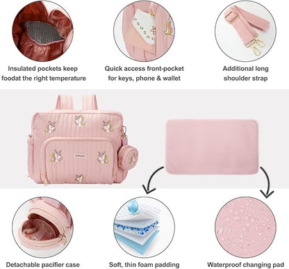 GOBABYMART Diaper Bag Backpack with Changing Pad - Travel Baby Bag, Insulated Bottle Pockets, Stroller Straps (Medium - Pink Unicorns)