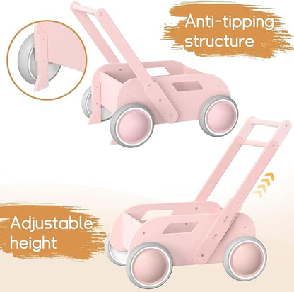 HOMEKOL Wooden Baby Walker,Baby Push Walker, Adjustable Speed Baby Walker for Boys and Girls, Baby Activity Center, Gift for Birthday, Christmas and New Year Pink