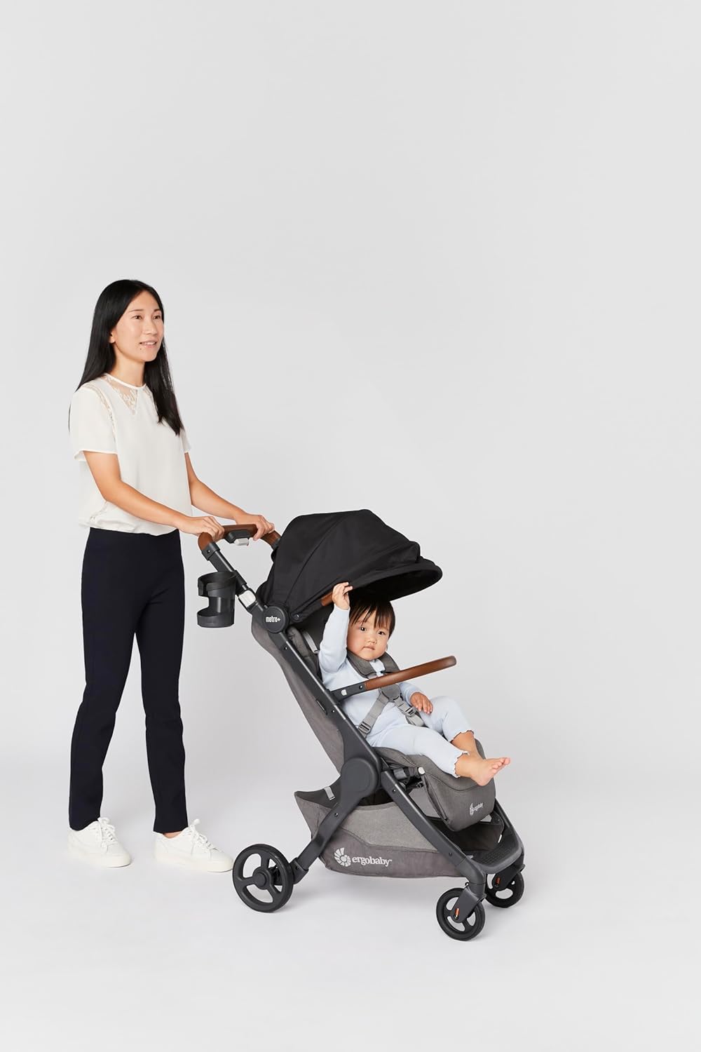 Ergobaby Metro+ Deluxe Compact Baby Stroller, Lightweight Umbrella Stroller Folds Down for Overhead Airplane Storage (Carries up to 50 lbs), Car Seat Compatible, London Grey
